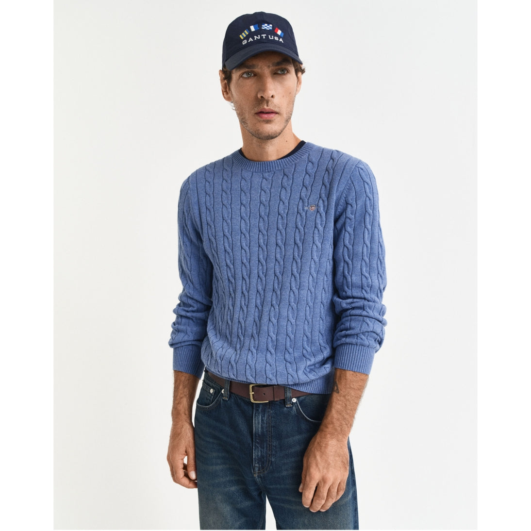 Gant Cable Knit Crew Neck Sweater Denim Blue Melange 8050601