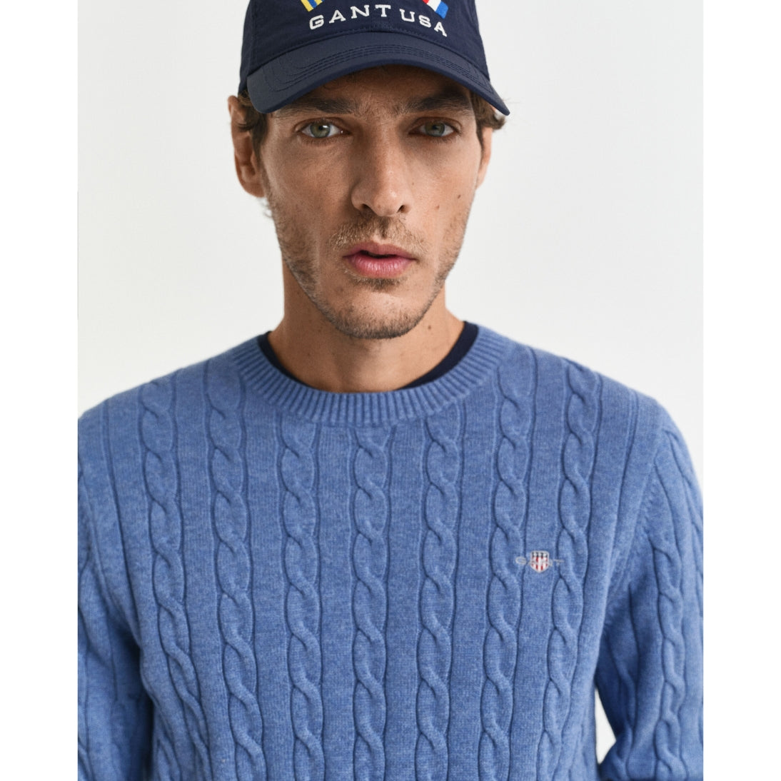 Gant Cable Knit Crew Neck Sweater Denim Blue Melange 8050601