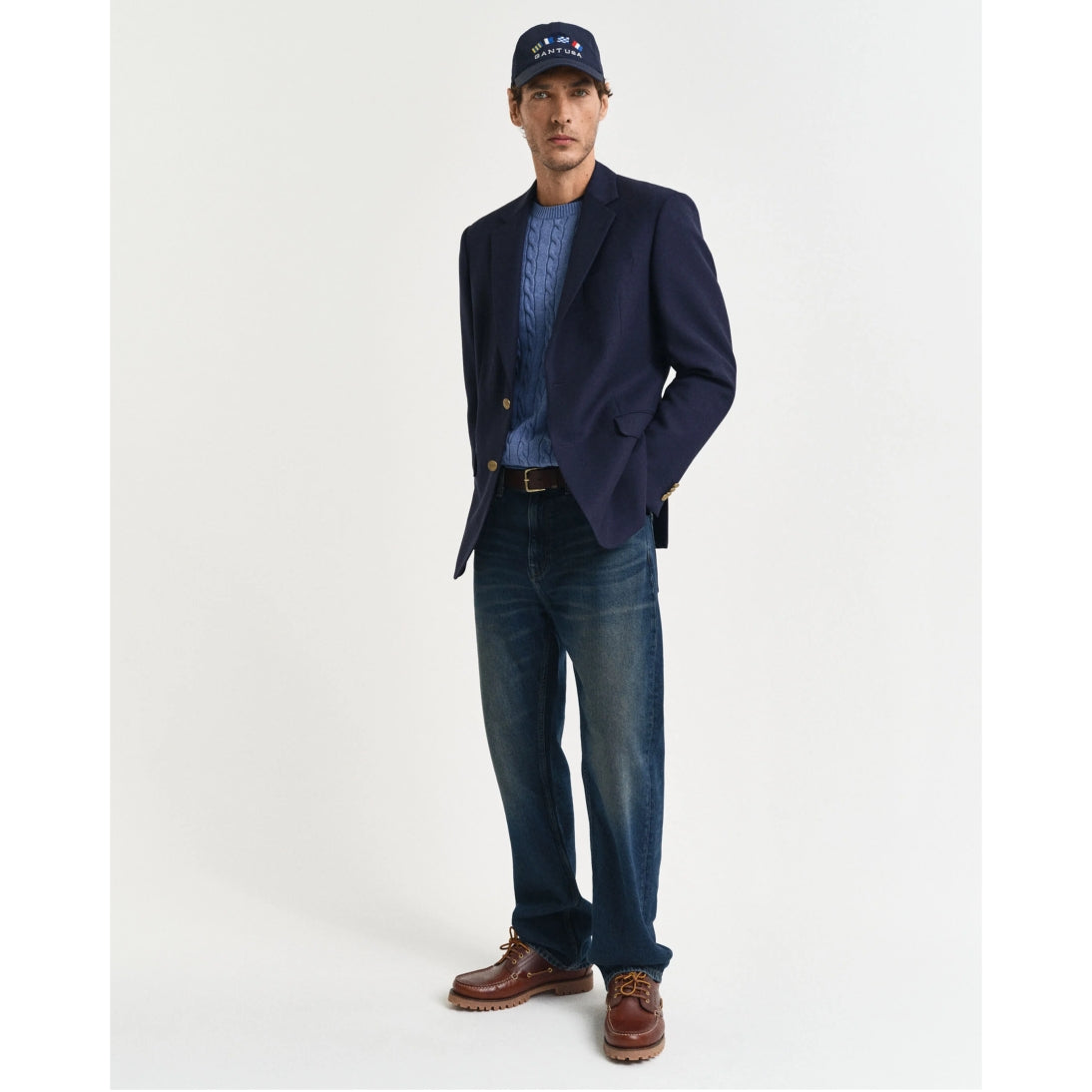 Gant Cable Knit Crew Neck Sweater Denim Blue Melange 8050601