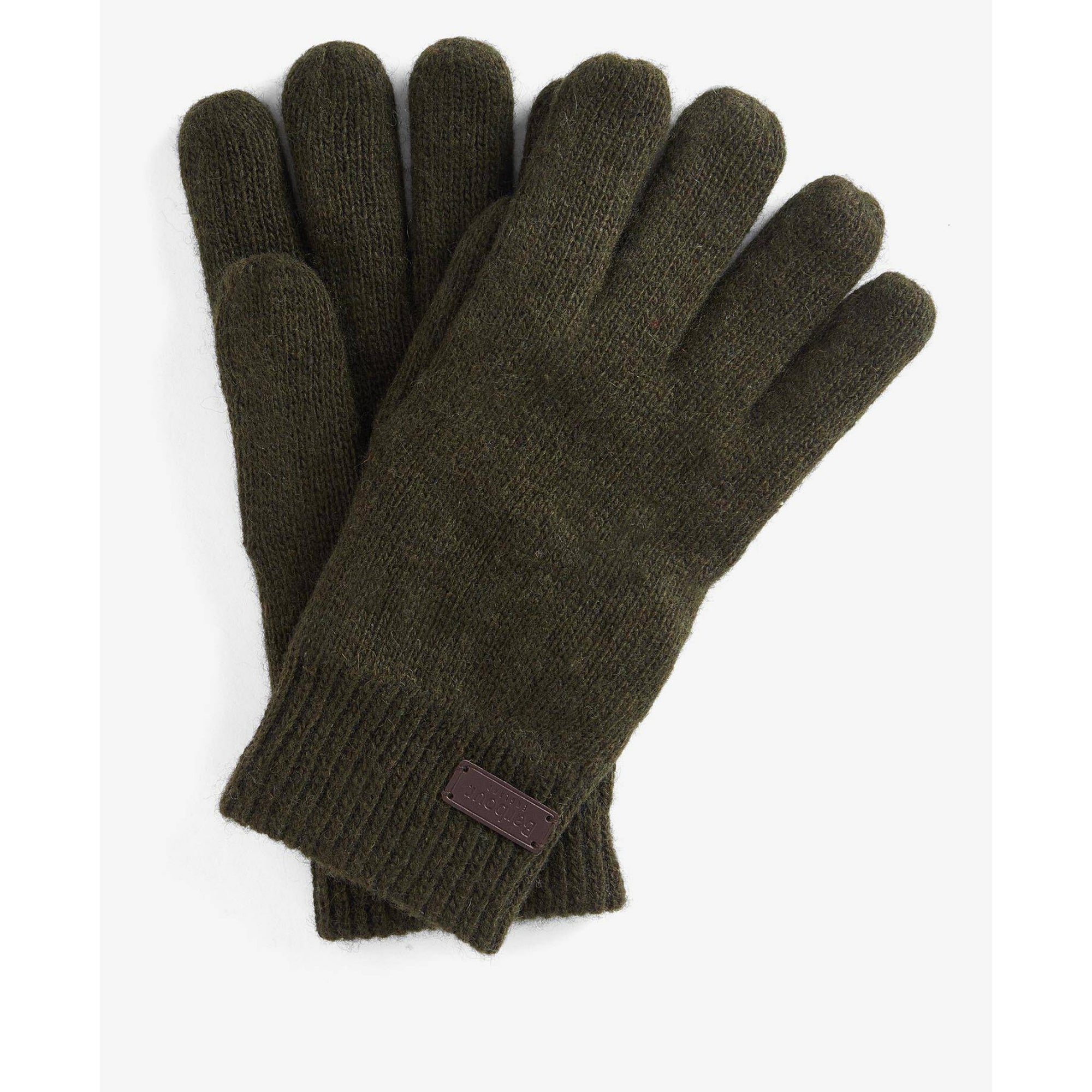 Pair of olive green gloves with a small brown label on a white background
