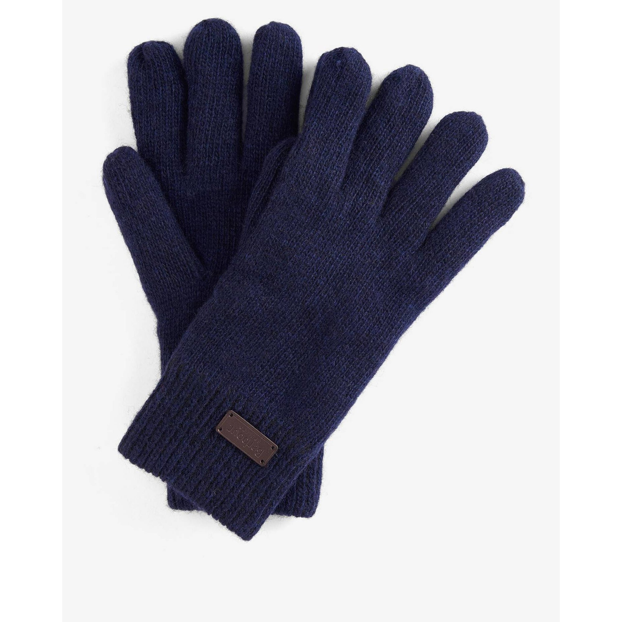 Pair of navy blue gloves with a brown label on a white background