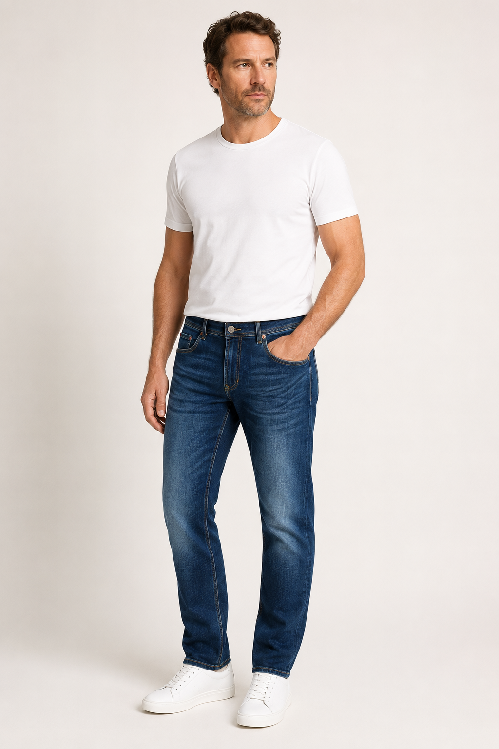 A man modeling a pair of Mac Driver Jeans in dark blue slim-fit jeans with a white t-shirt and white sneakers, standing against a plain light gray studio background.