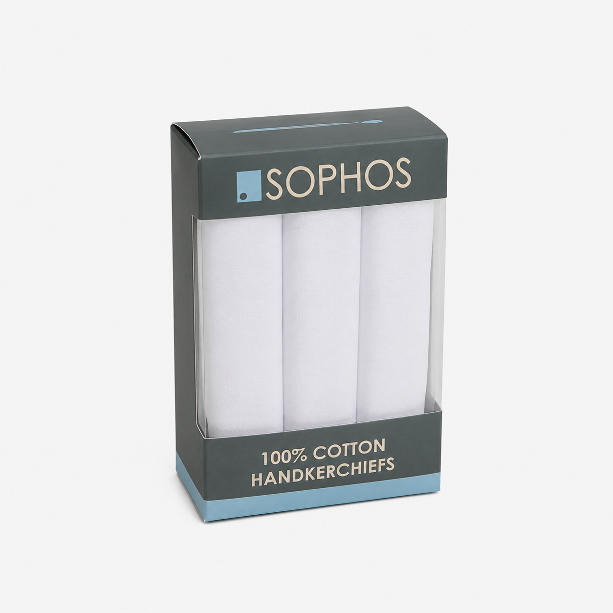 Box of Sophos 100% cotton handkerchiefs on a white background