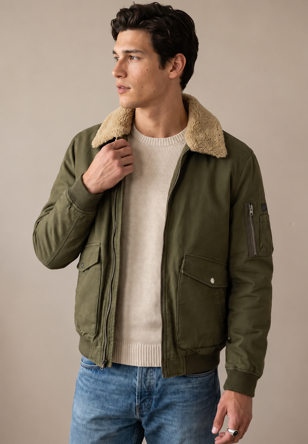 Fynch-Hatton Aviator Bomber Jacket in Dark Khaki