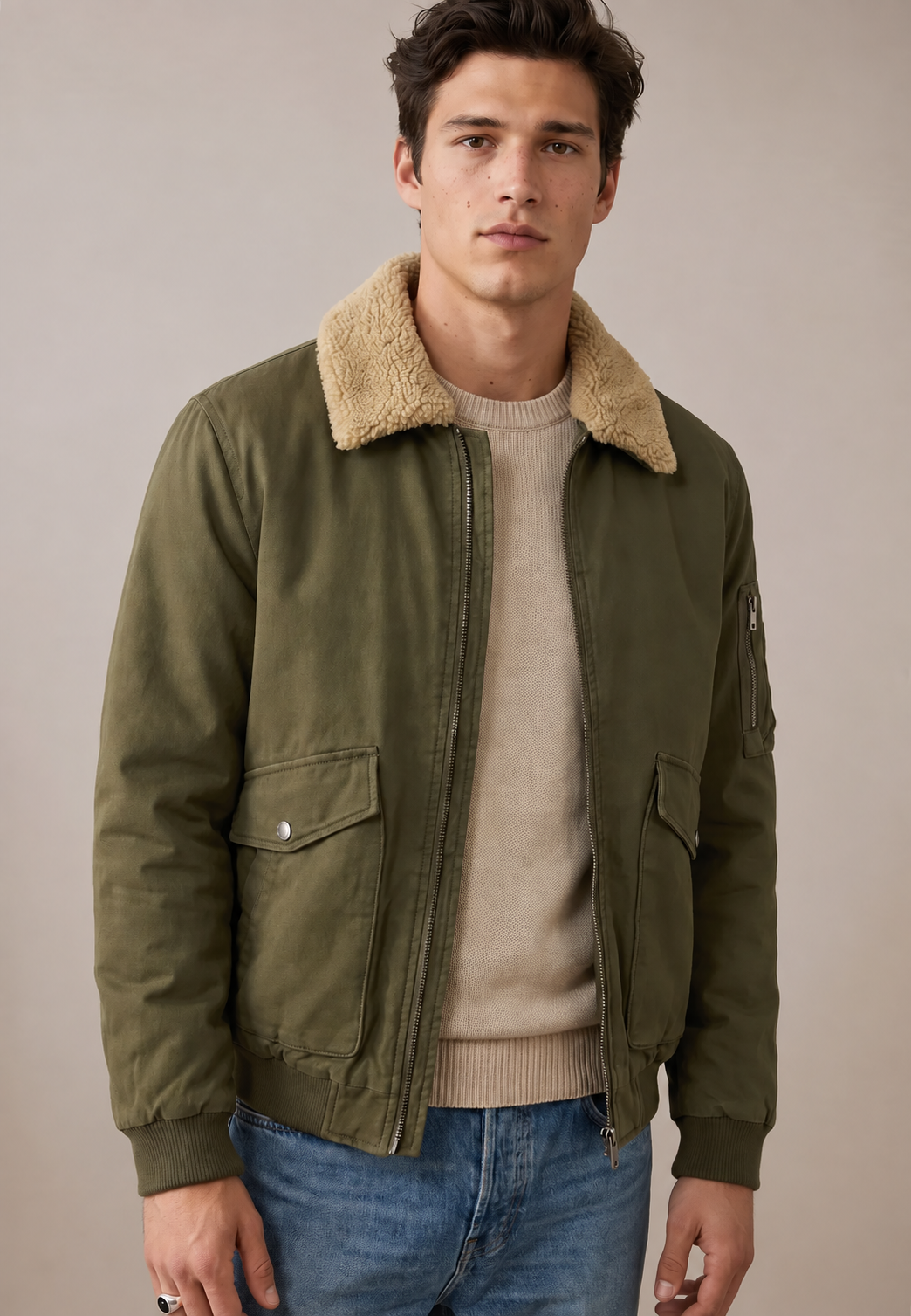 A man wearing a green bomber jacket with teddy collar and teddy lining in the body for that extra warmth. The teddy collar is removable.