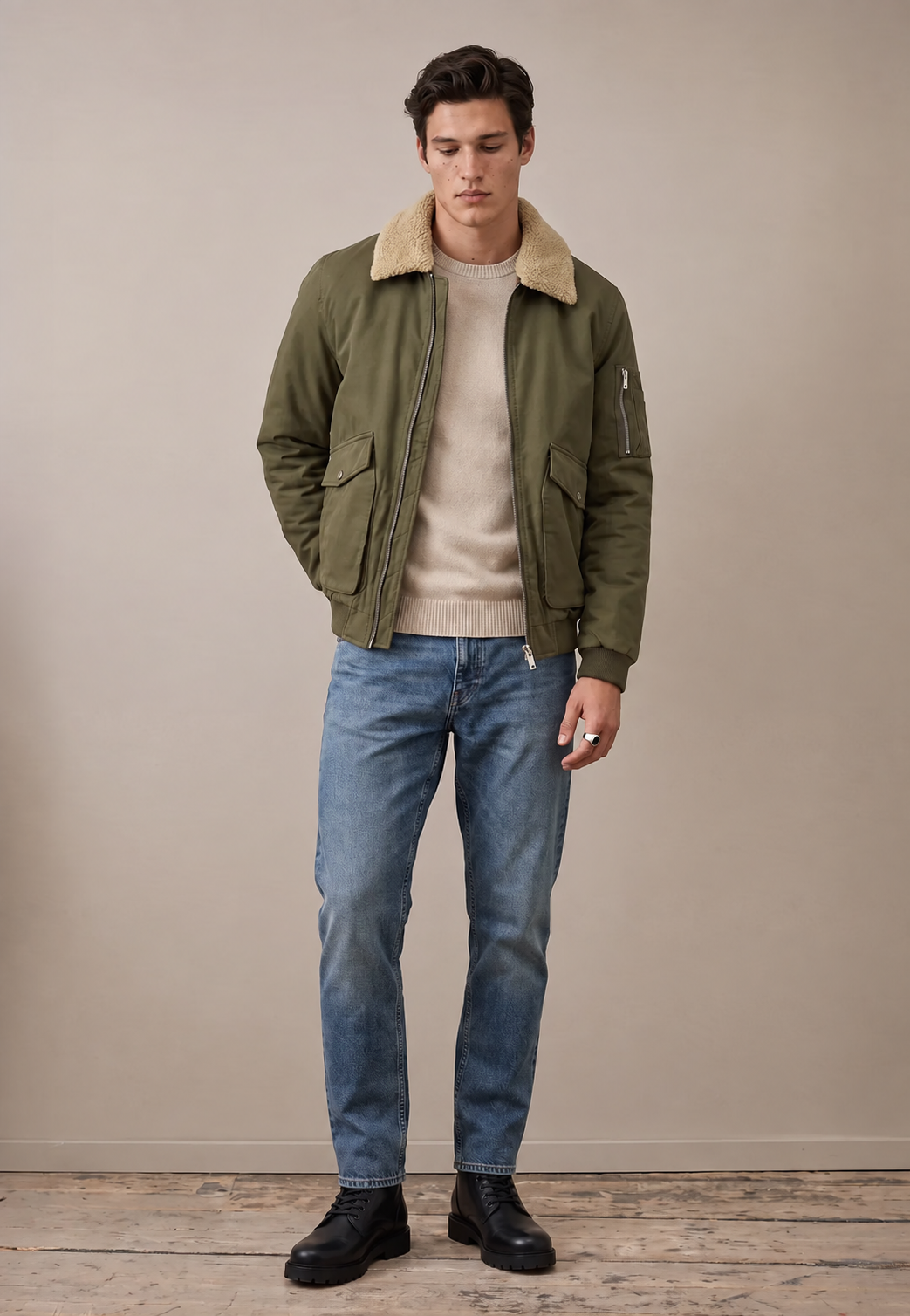 Fynch-Hatton Aviator Bomber Jacket in Dark Khaki