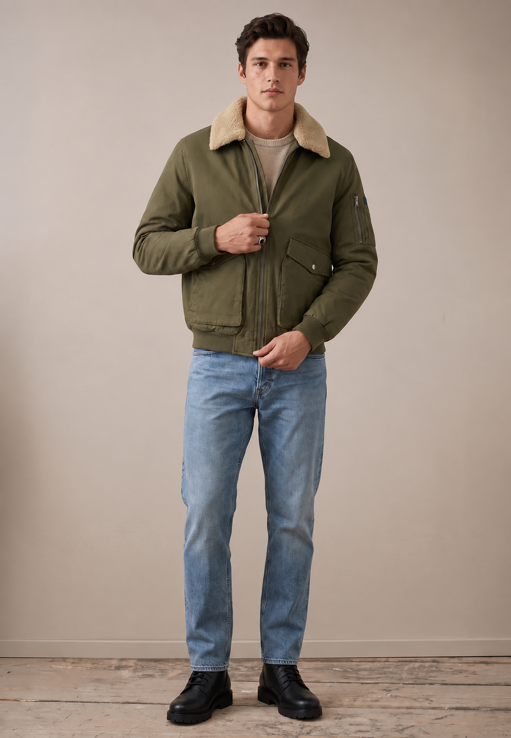 Fynch-Hatton Aviator Bomber Jacket in Dark Khaki