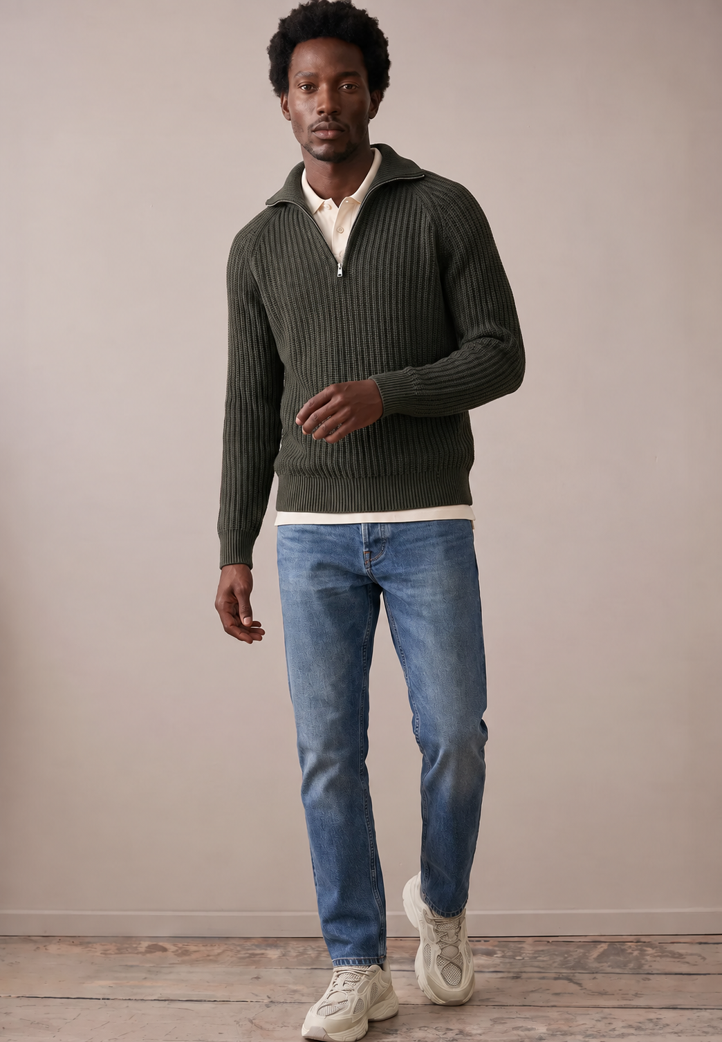 Fynch-Hatton Two Toned Troyer Zip Sweater in Green and Navy