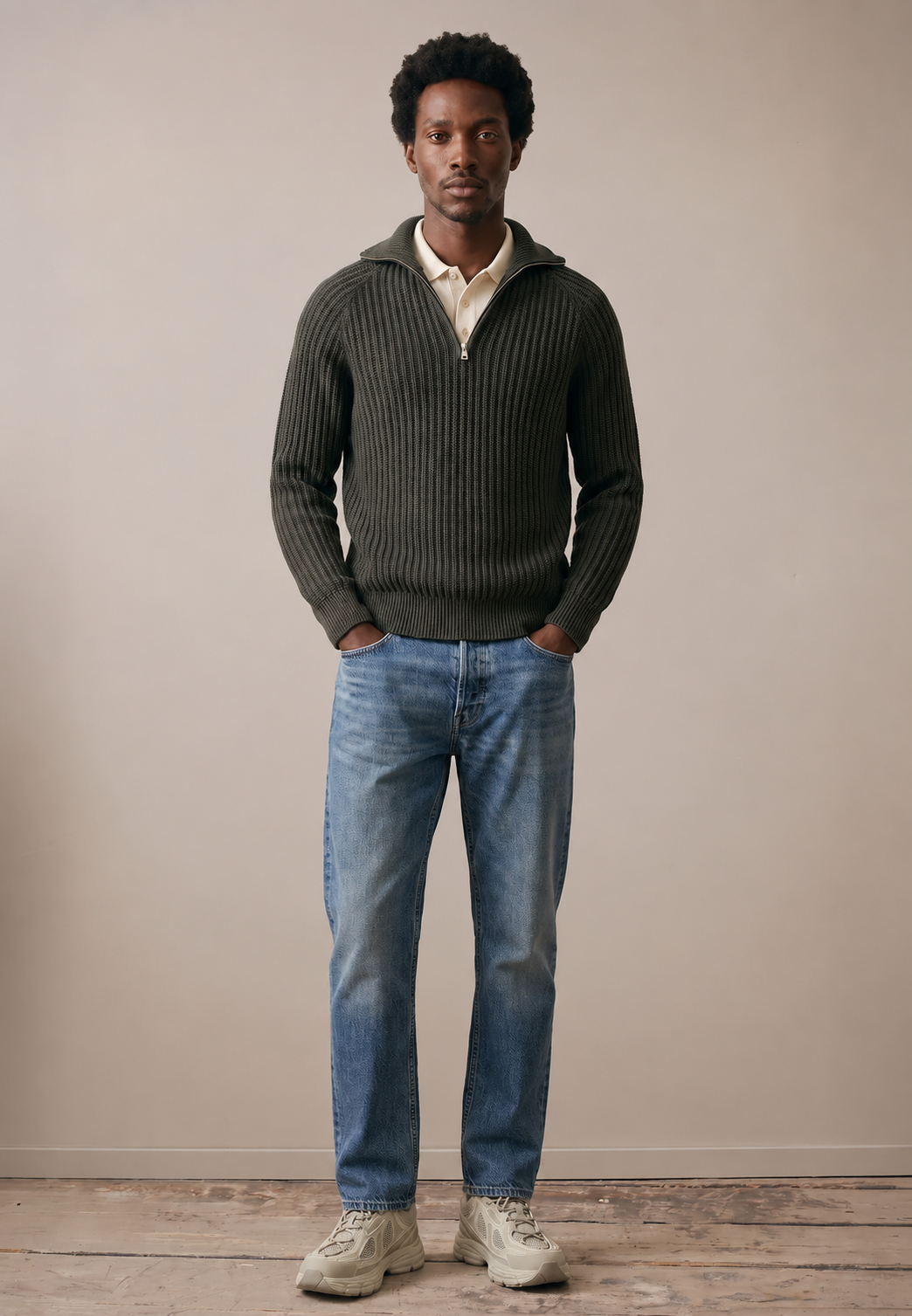 Fynch-Hatton Two Toned Troyer Zip Sweater in Green and Navy