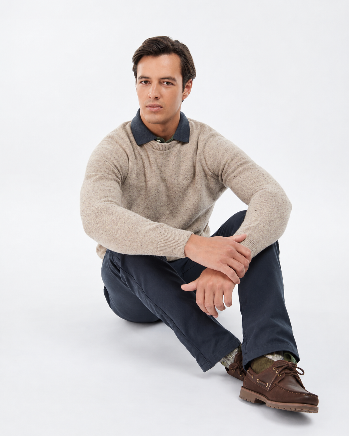 Detail or styling image of Barbour Tisbury Crew-Neck Jumper In Stone