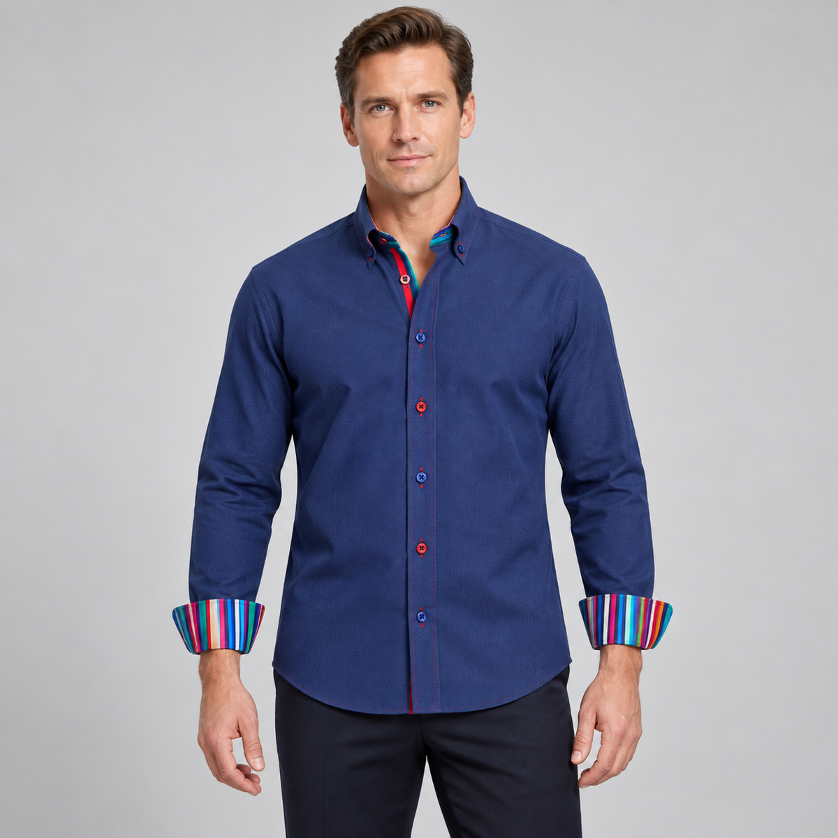 Claudio Lugli Navy Shirt with Stripe Collar Cuffs in Navy