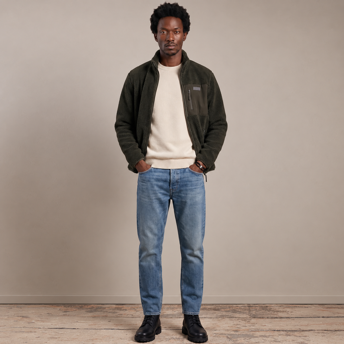 A man weatring a Fynch-Hatton Green Teddy Fleece Jacket