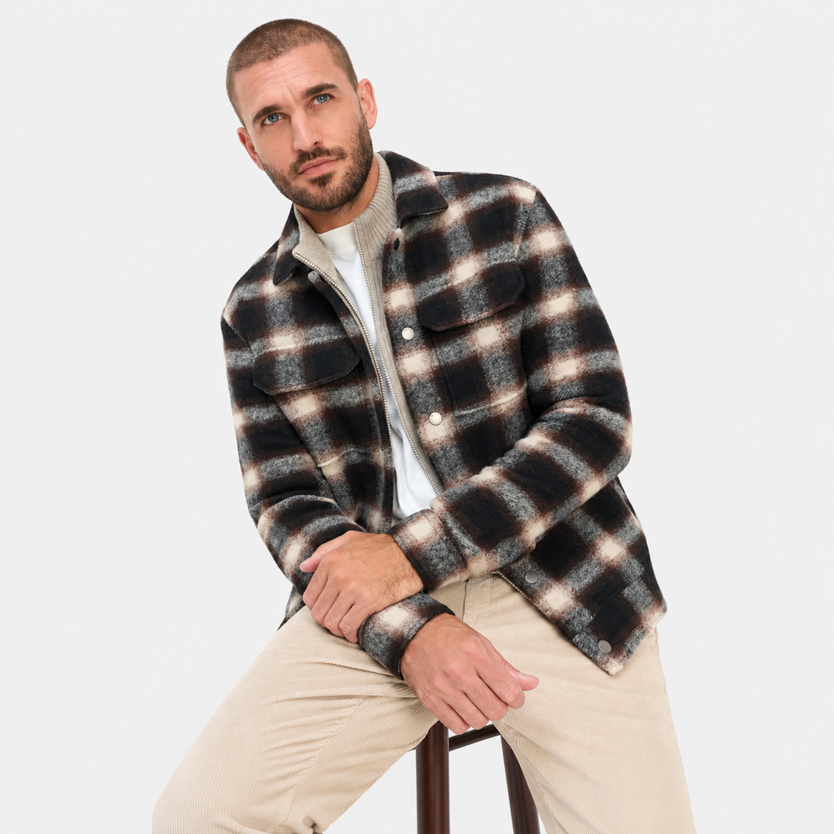 Brax Santiago Flannel Overshirt Shacket in Brown Check