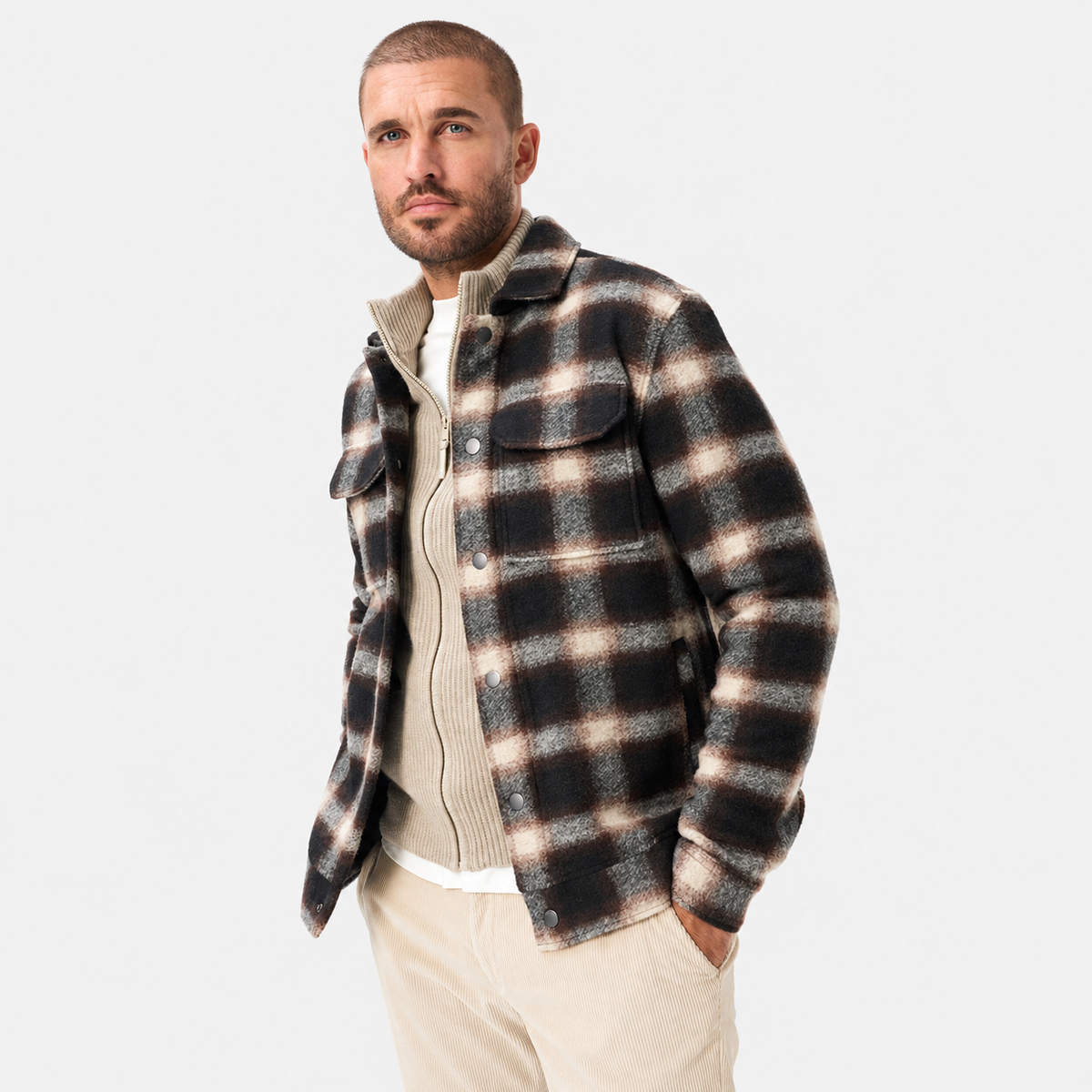 Brax Santiago Flannel Overshirt Shacket in Brown Check