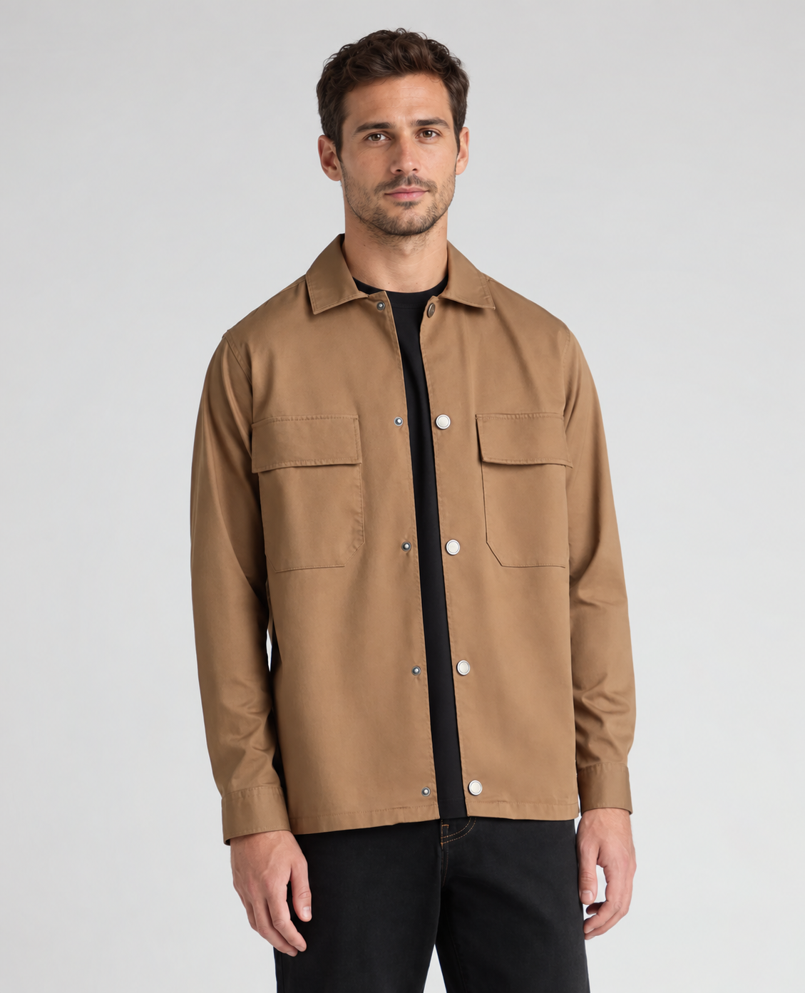 Remus Uomo Cotton Stretch Overshirt in Tan