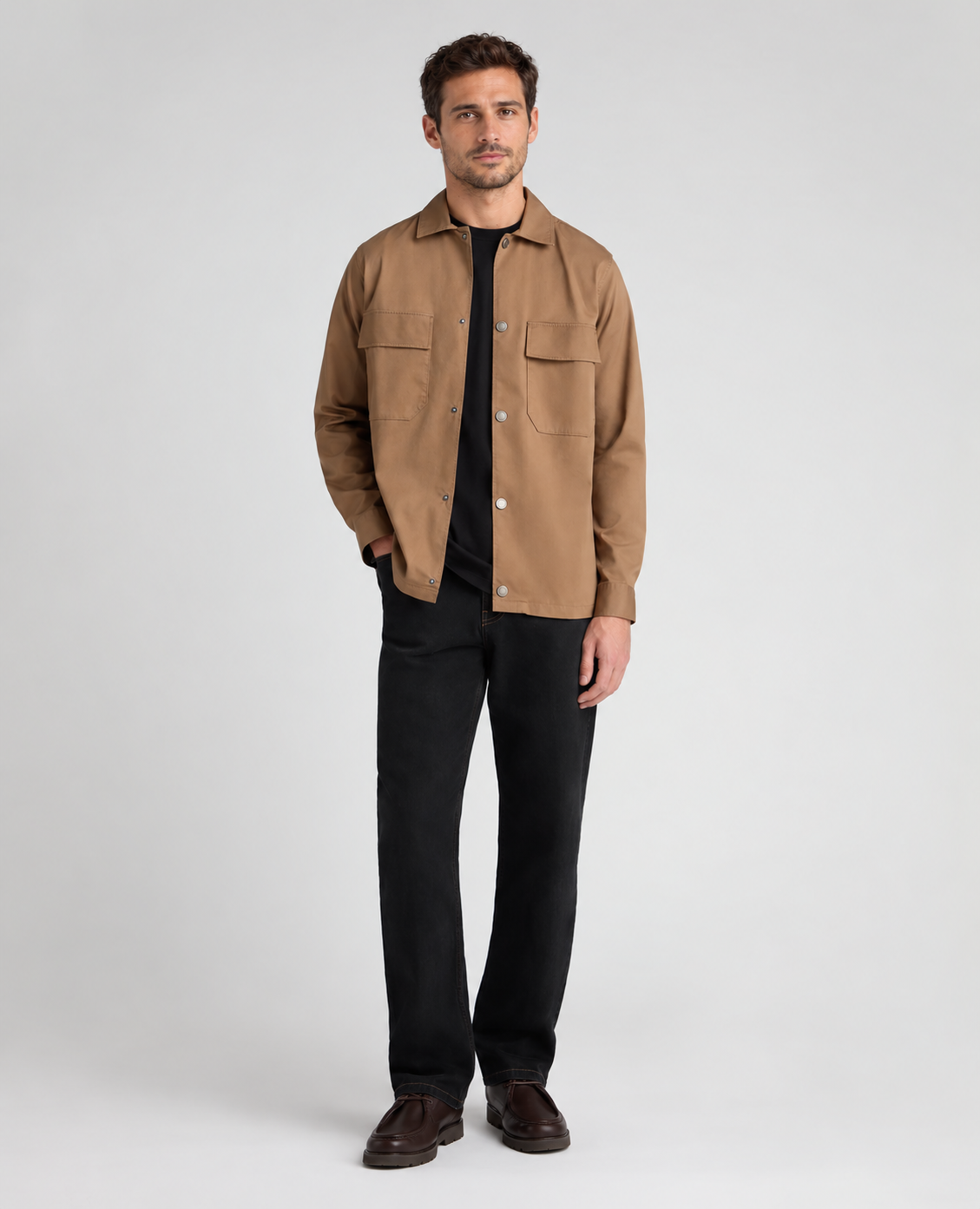 Remus Uomo Cotton Stretch Overshirt in Tan