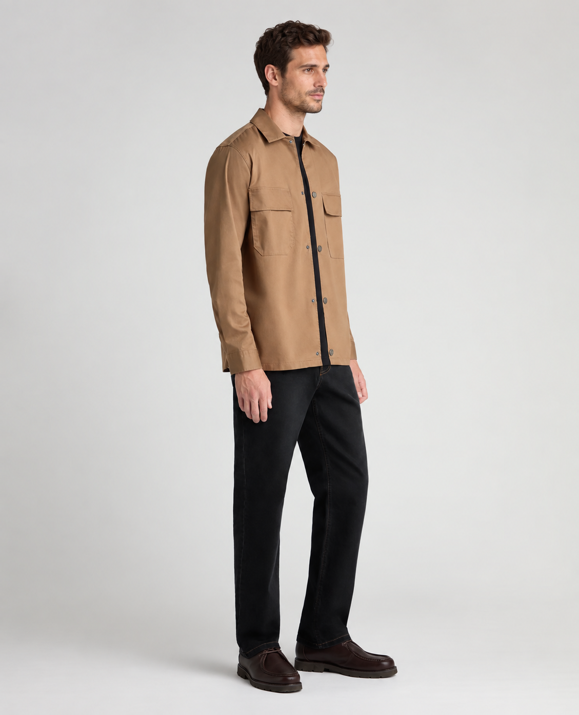 Remus Uomo Cotton Stretch Overshirt in Tan
