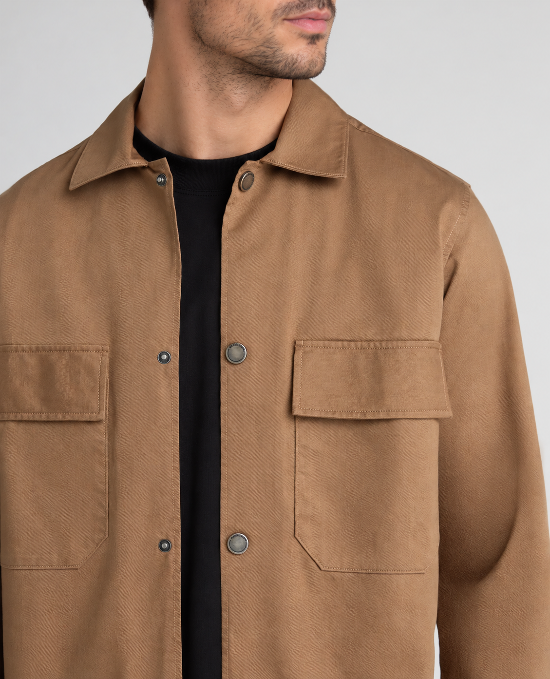Remus Uomo Cotton Stretch Overshirt in Tan