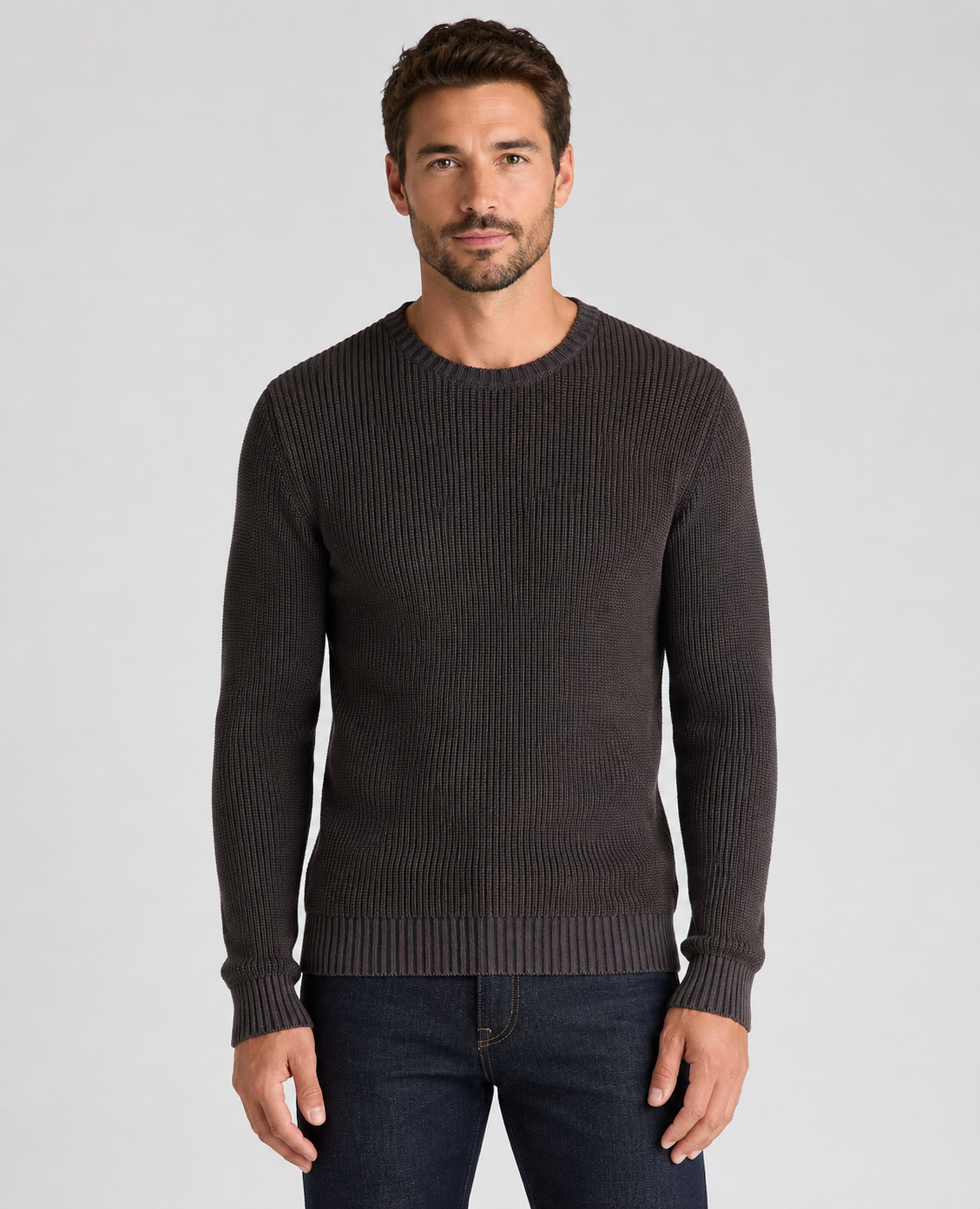 Remus Uomo Two-Tone Cotton Crew Sweater in Dark Brown 58896