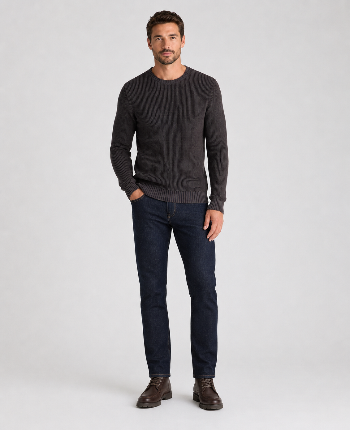 Remus Uomo Two-Tone Cotton Crew Sweater in Dark Brown 58896