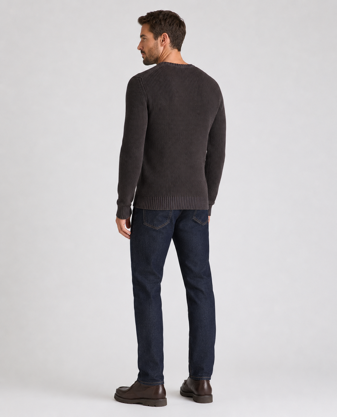 Remus Uomo Two-Tone Cotton Crew Sweater in Dark Brown 58896