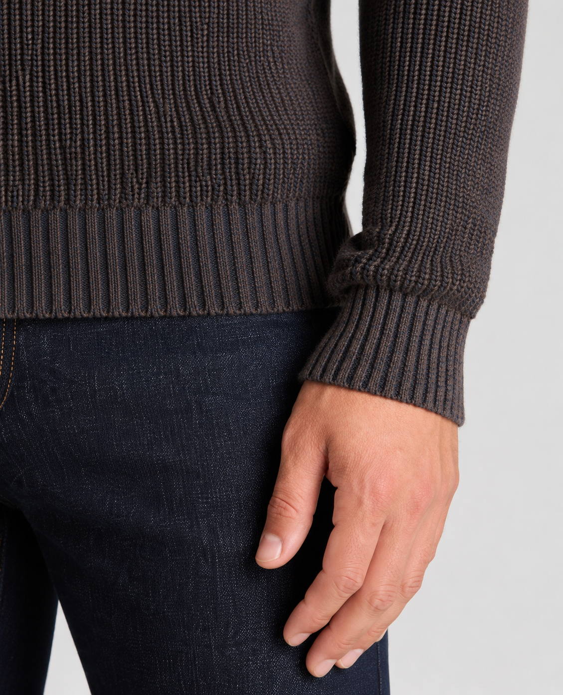 Remus Uomo Two-Tone Cotton Crew Sweater in Dark Brown 58896