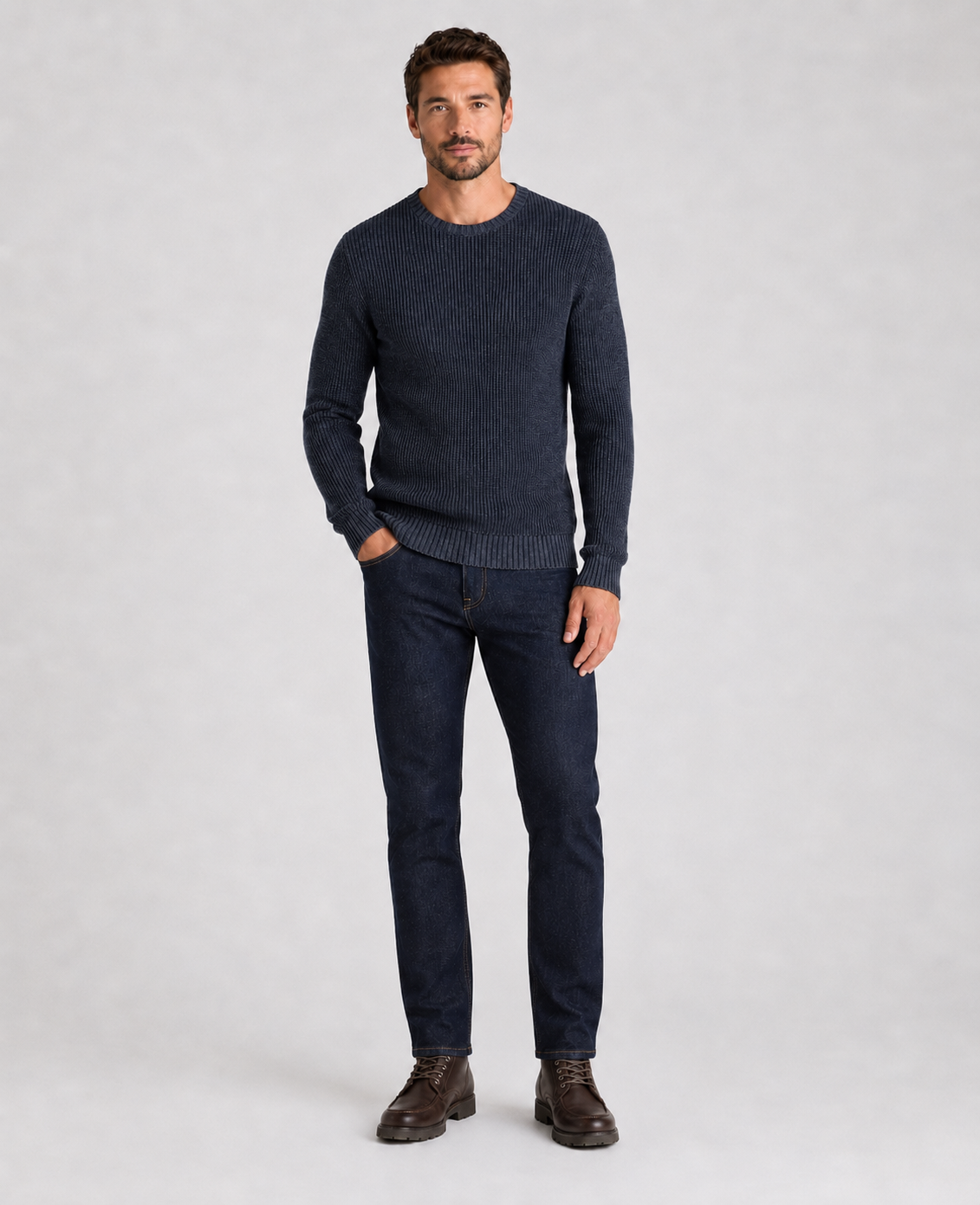 Remus Uomo Two-Tone Cotton Crew Sweater in Dark Blue 58896