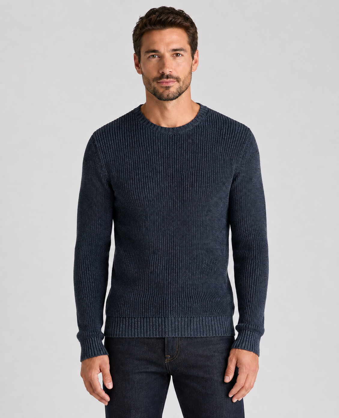 Remus Uomo Two-Tone Cotton Crew Sweater in Dark Blue 58896