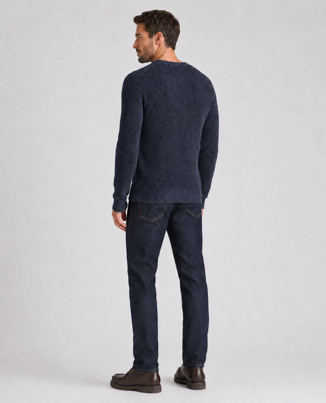 Remus Uomo Two-Tone Cotton Crew Sweater in Dark Blue 58896