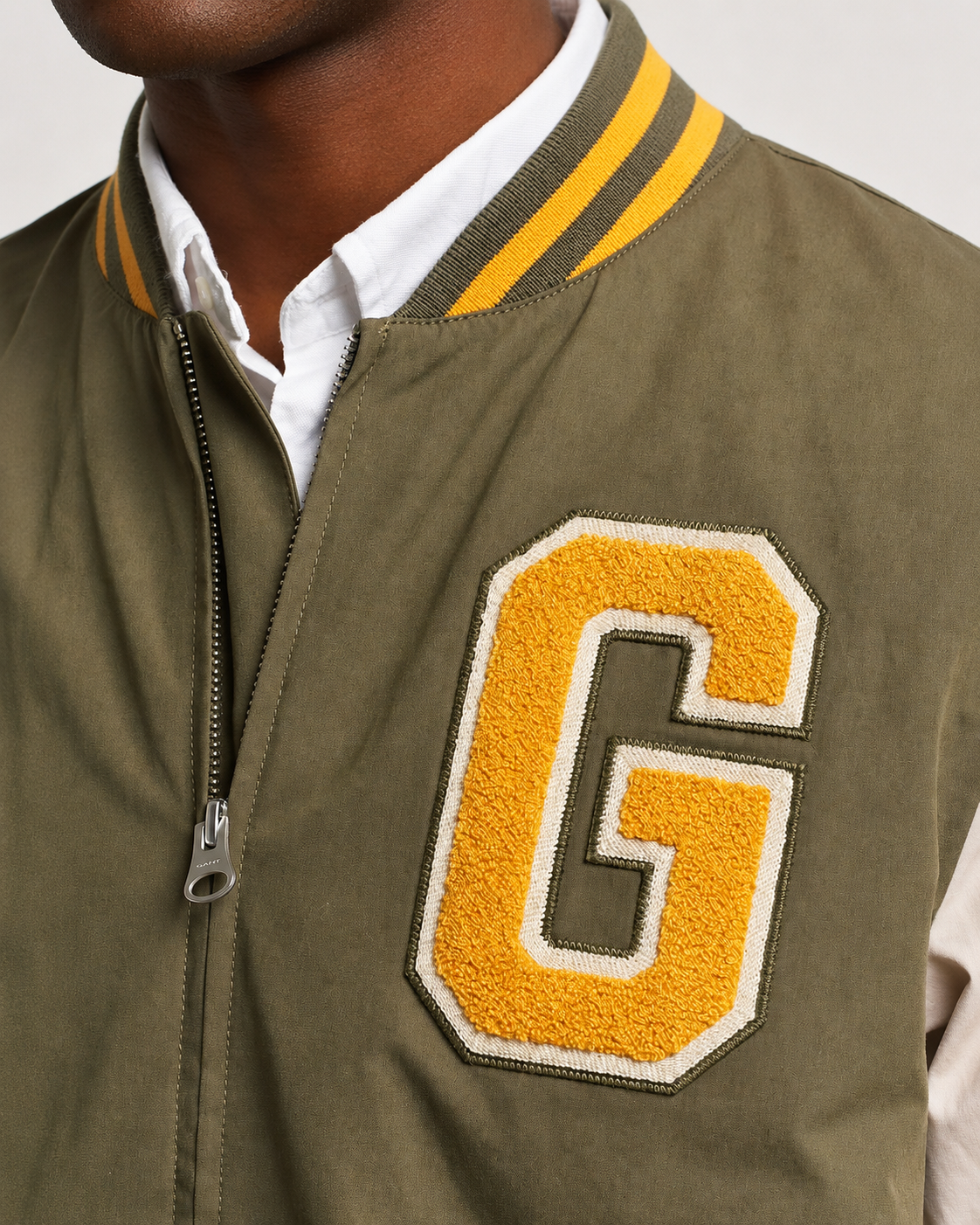 GANT Varsity Jacket in Olive Green and Soft Oat