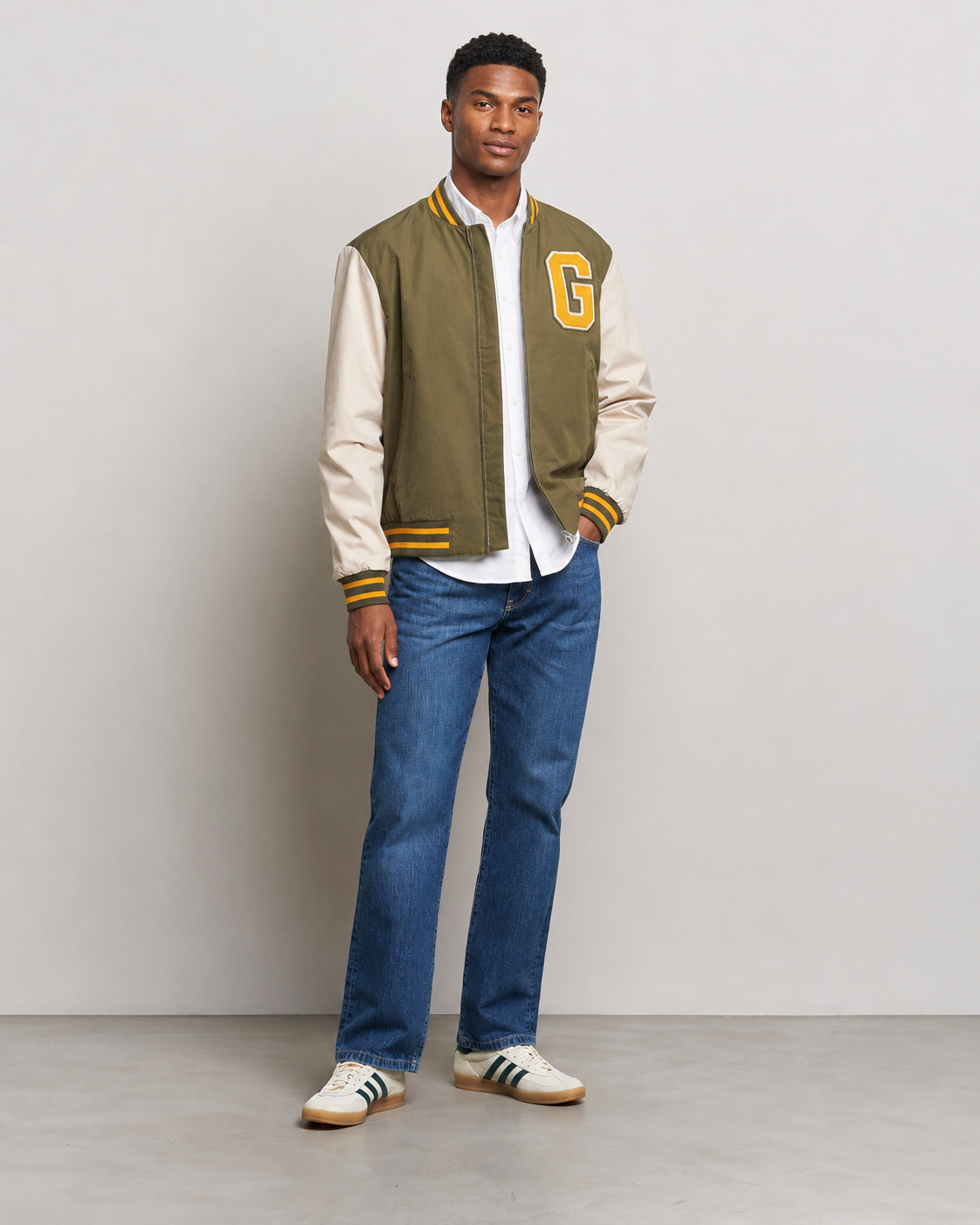 GANT Varsity Jacket in Olive Green and Soft Oat