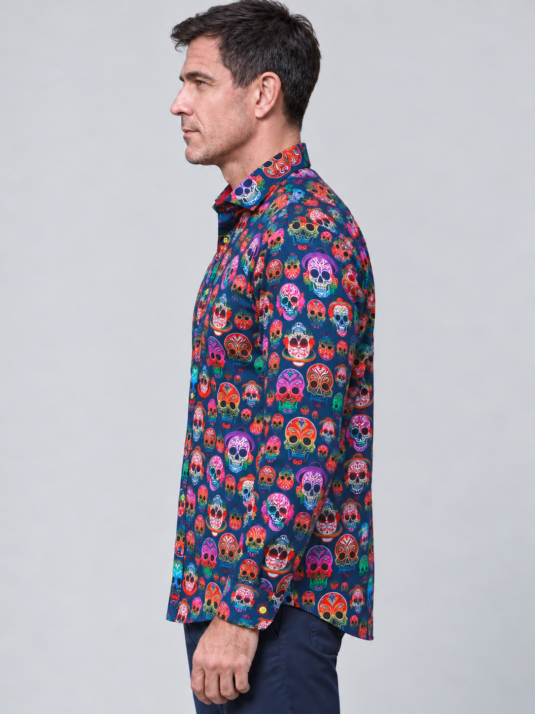 Claudio Lugli Embroidery Skulls Shirt in Navy CP8107