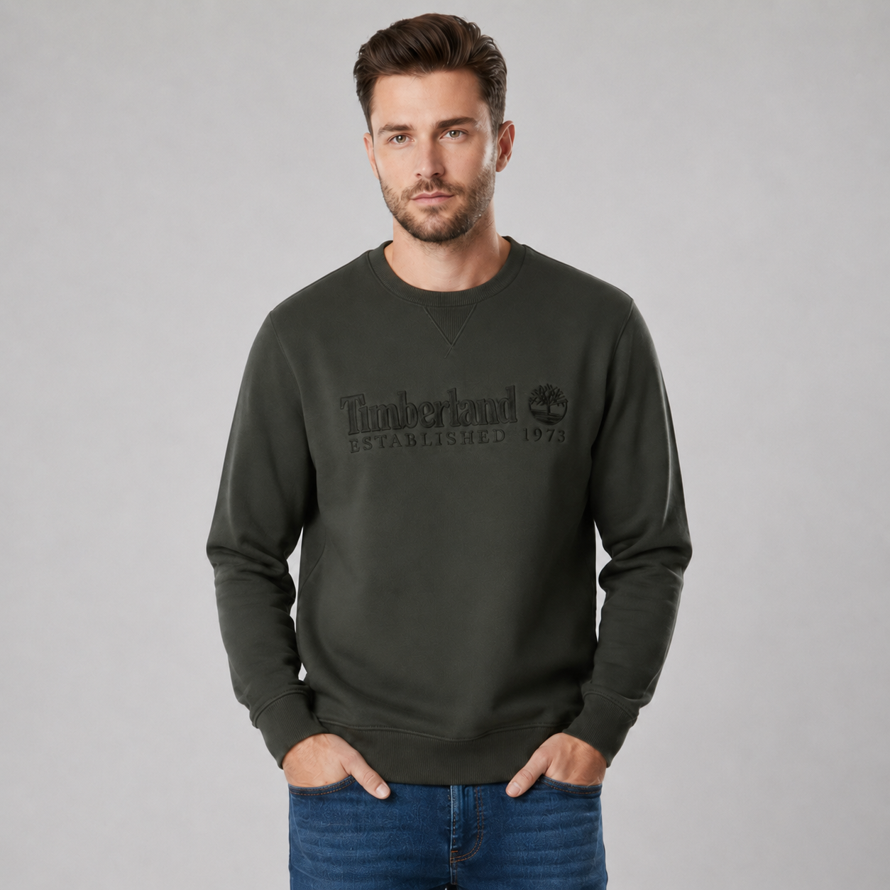 Timberland Established 1973 Embroidered Logo Crew Sweatshirt in Vintage Black