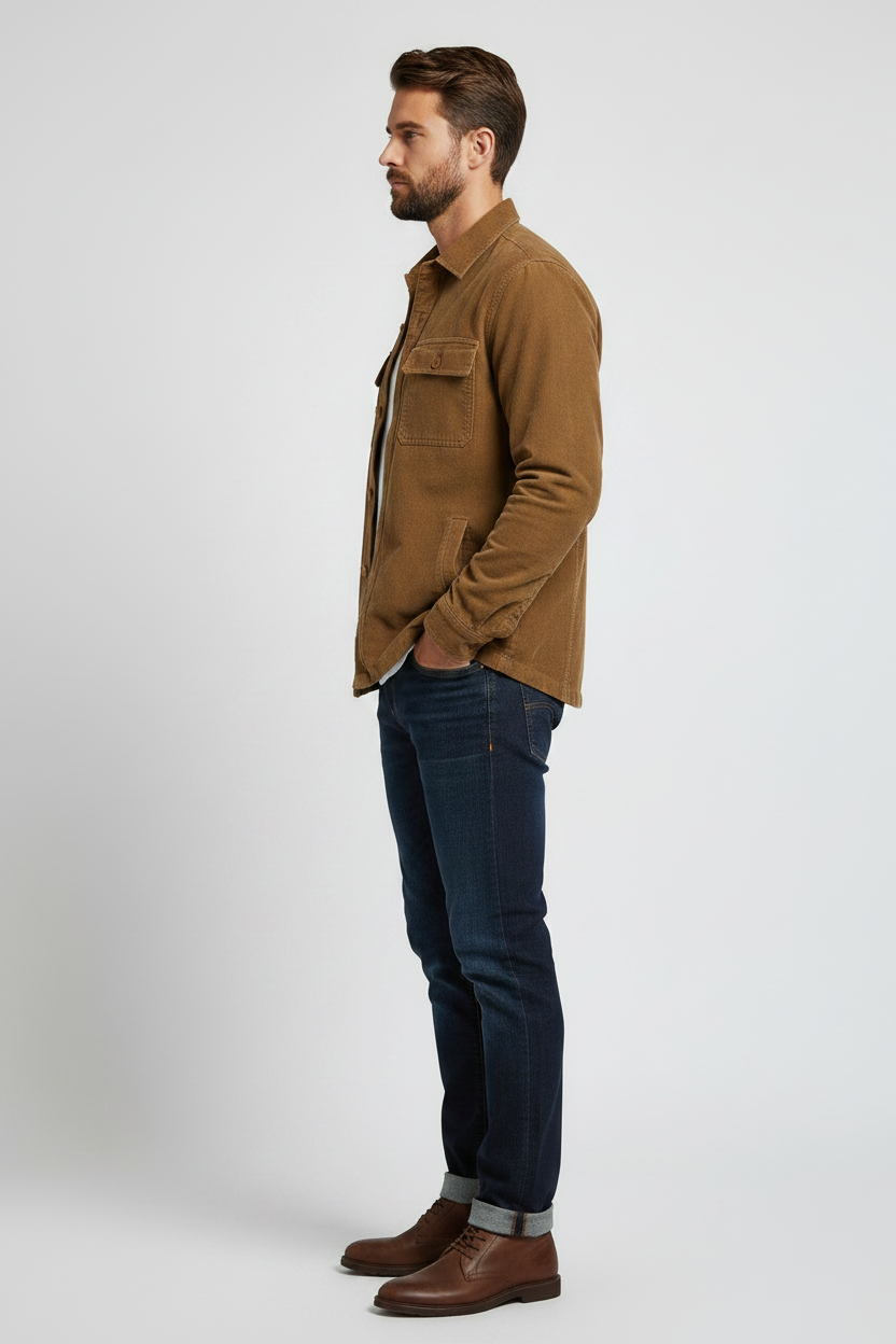 Barbour Tartan Trimmed Cord Overshirt Shacket in Sandstone