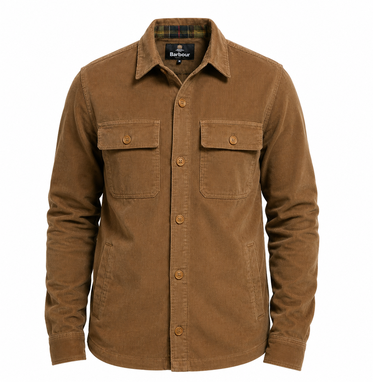 Barbour Tartan Trimmed Cord Overshirt Shacket in Sandstone