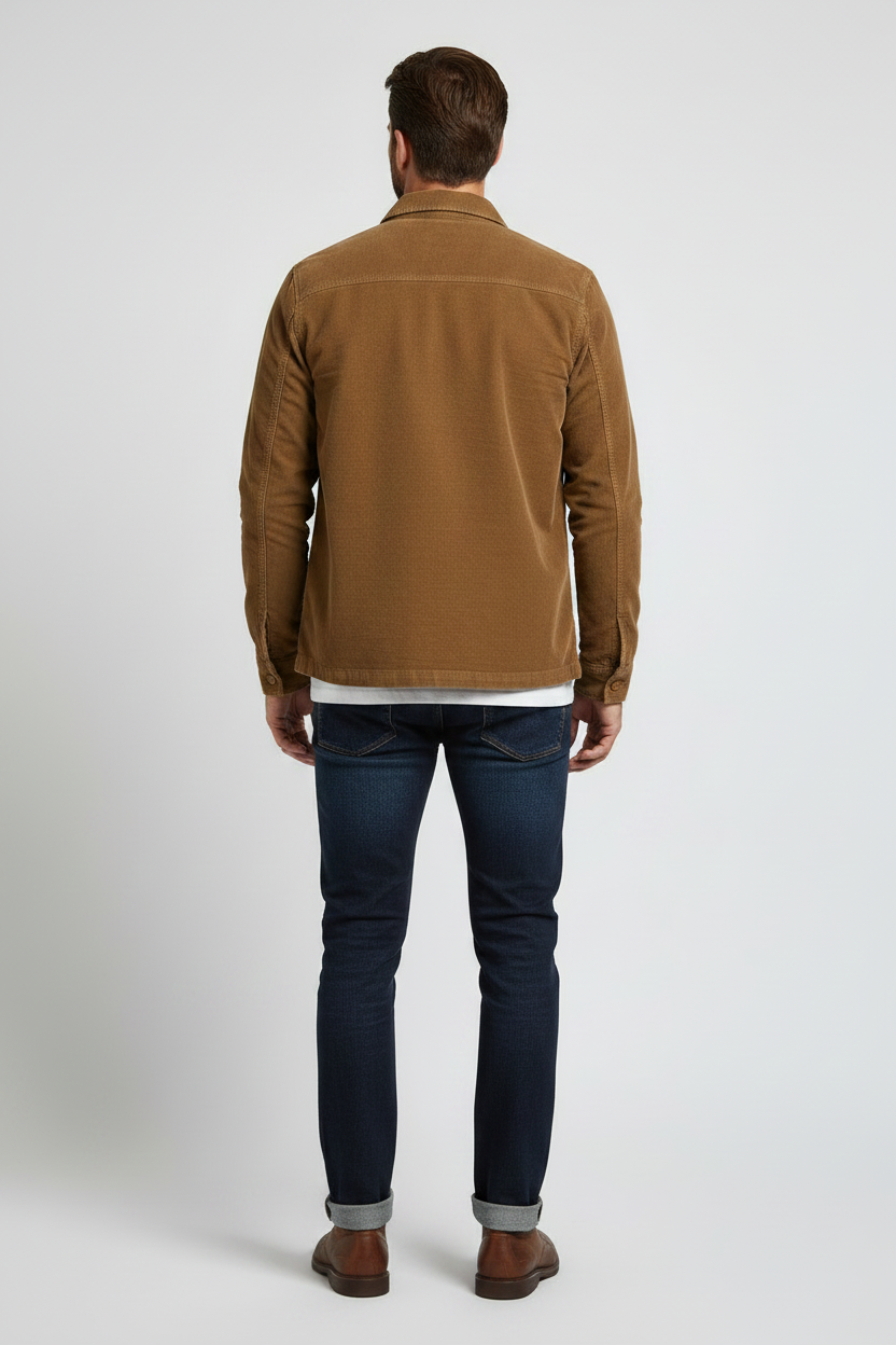 Barbour Tartan Trimmed Cord Overshirt Shacket in Sandstone