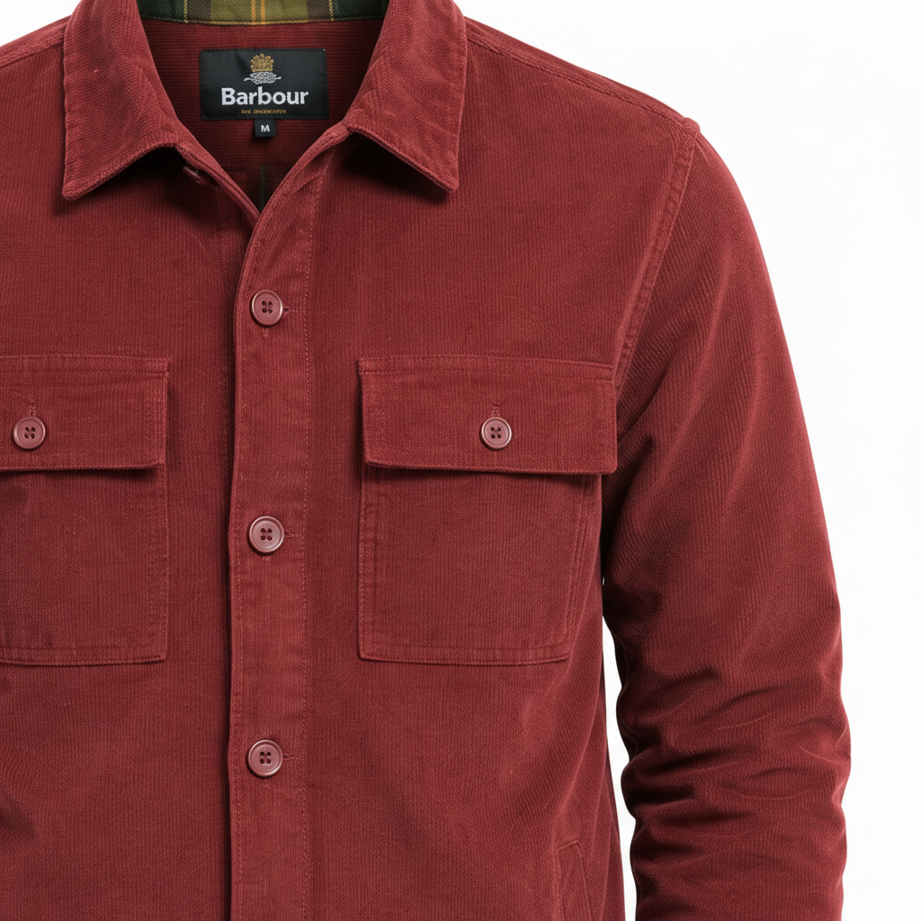 Barbour Tartan Trimmed Cord Overshirt Shacket in Russet Brown
