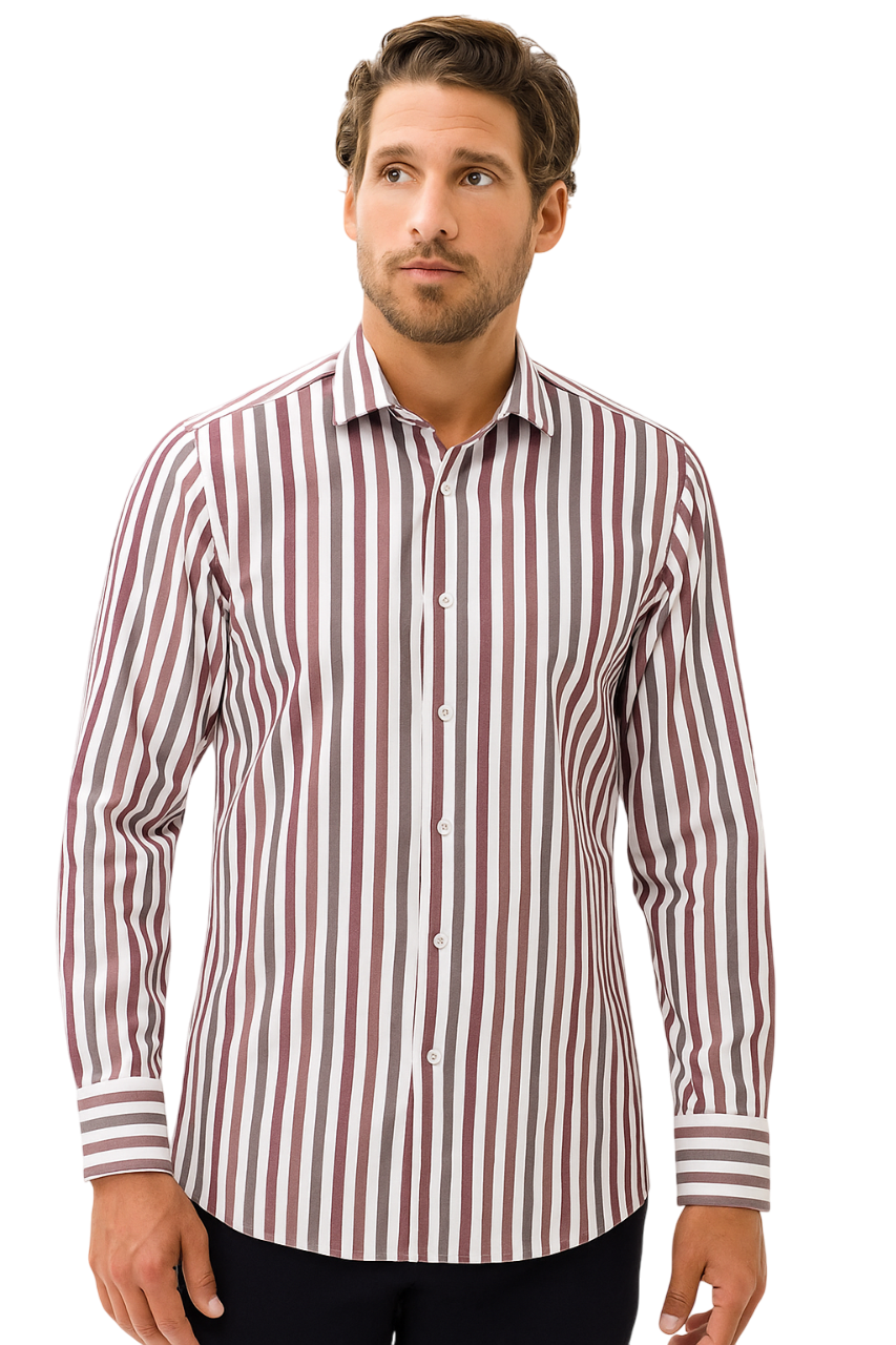 Man wearing a red and white striped shirt on a white background