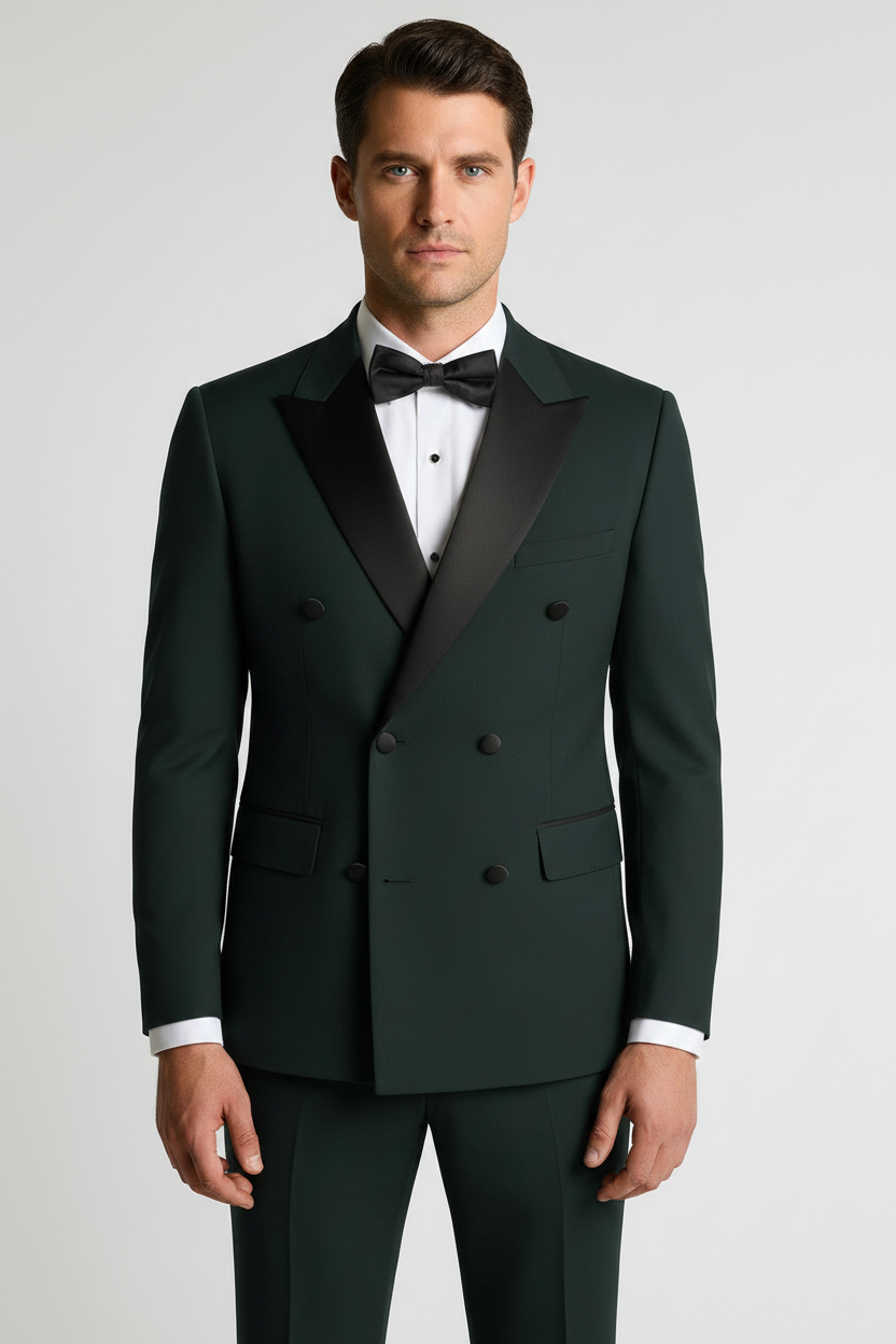 Man wearing a dark green tuxedo with a bow tie on a light gray background