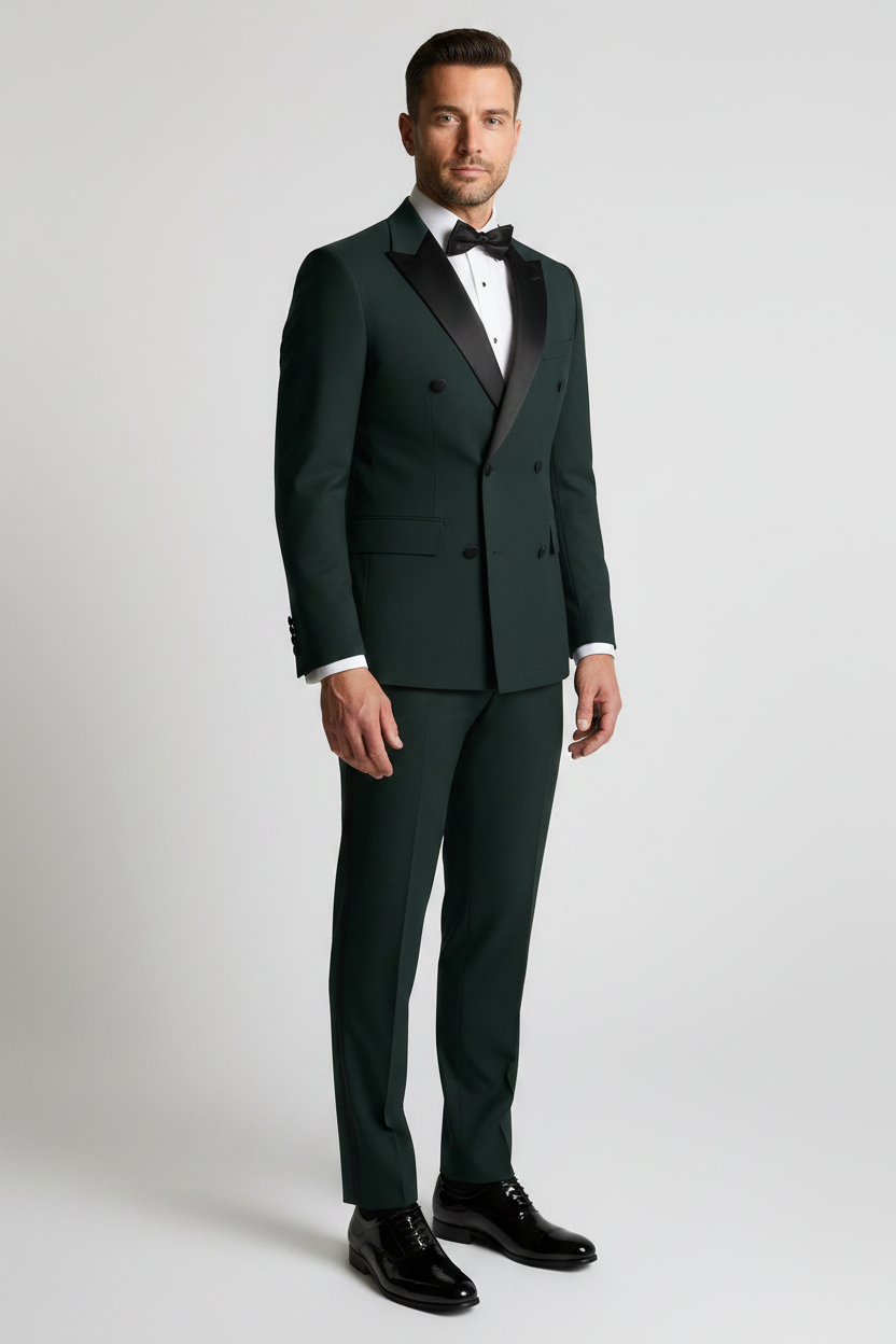 Man wearing a dark green suit with a white shirt and black bow tie on a light gray background