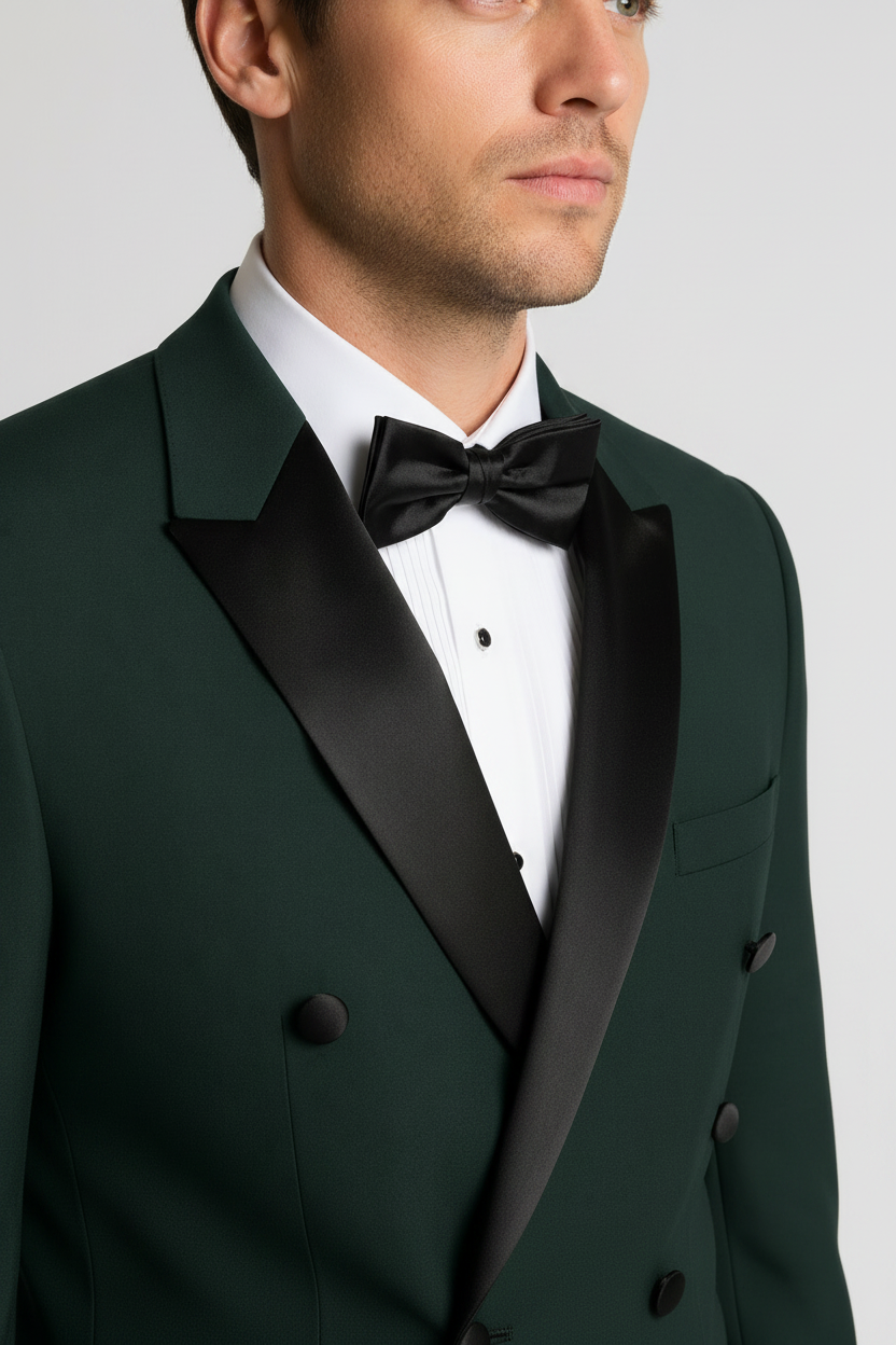 Green tuxedo with black bow tie and lapels on a plain background