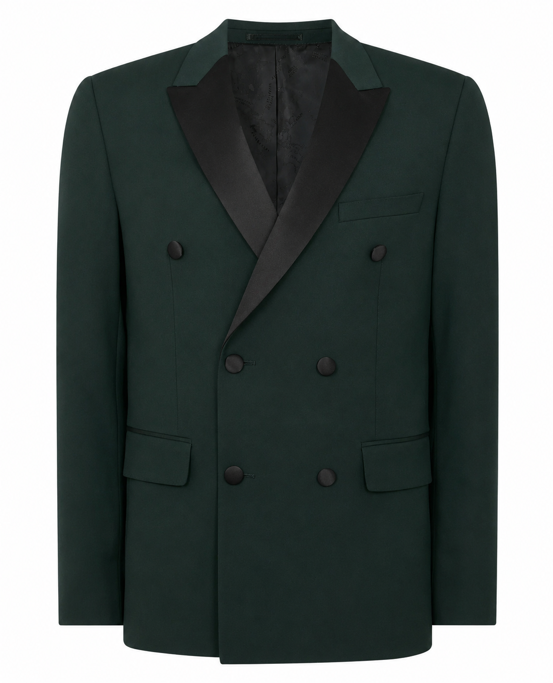 Green tuxedo jacket with black lapels on a white background