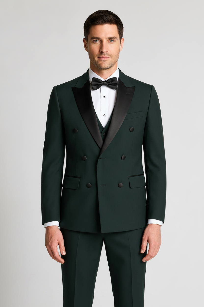 Man wearing a dark green tuxedo with black lapels on a light gray background