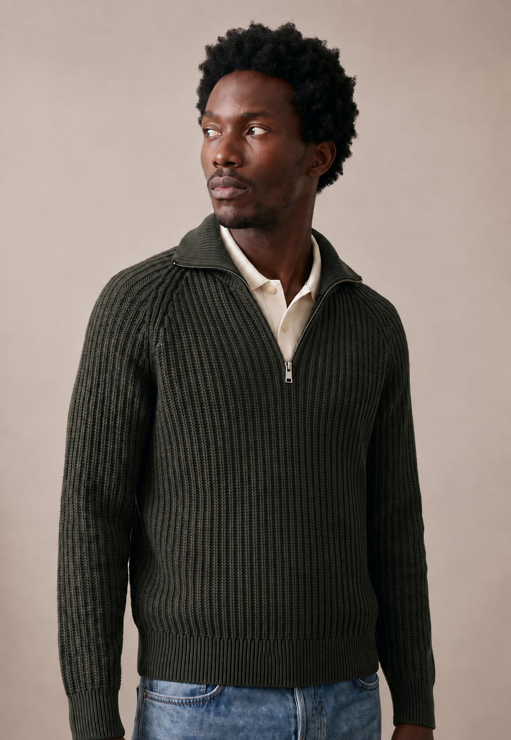 Fynch-Hatton Two Toned Troyer Zip Sweater in Green and Navy