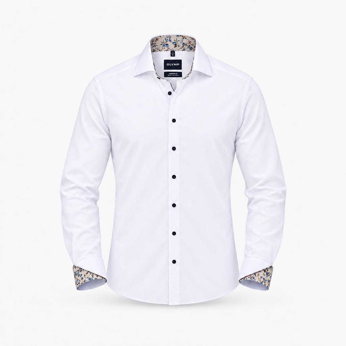 A white long-sleeve button-down dress shirt with a patterned inner collar and patterned cuff lining, shown on a clean white background.