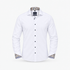 A white long-sleeve button-down dress shirt with a patterned inner collar and patterned cuff lining, shown on a clean white background.