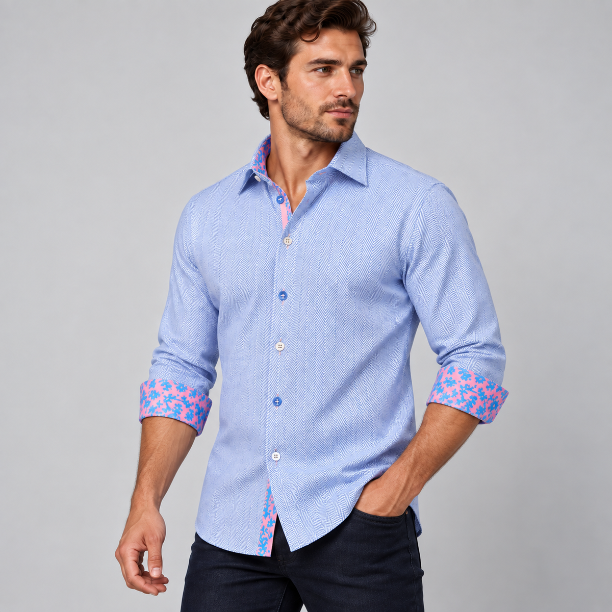 Claudio Lugli Herringbone Print With Trim Detail in Sky