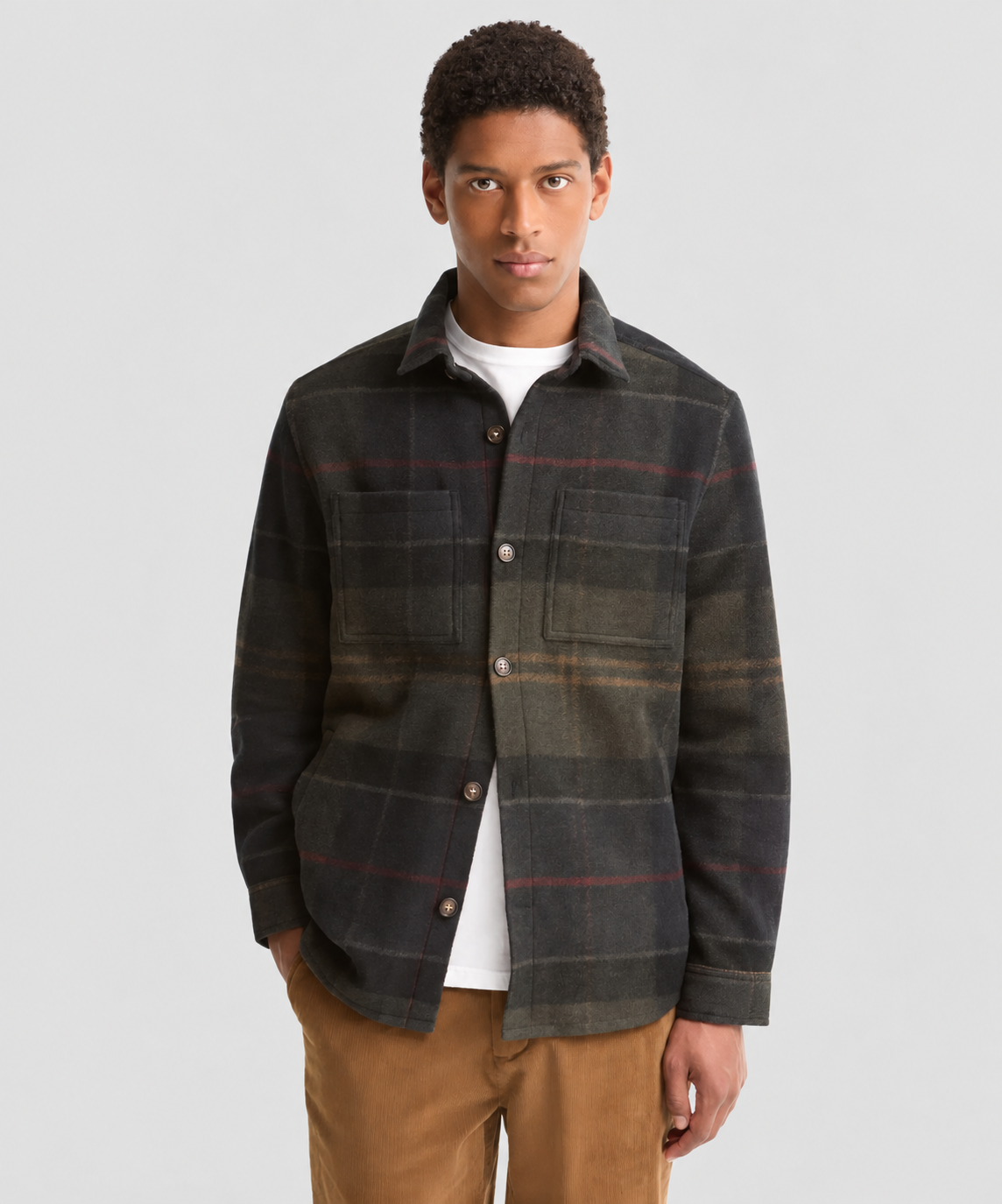 A man wearing a dark charcoal and brown plaid overshirt Shacket over a white t-shirt and tan pants, standing against a light gray studio background.