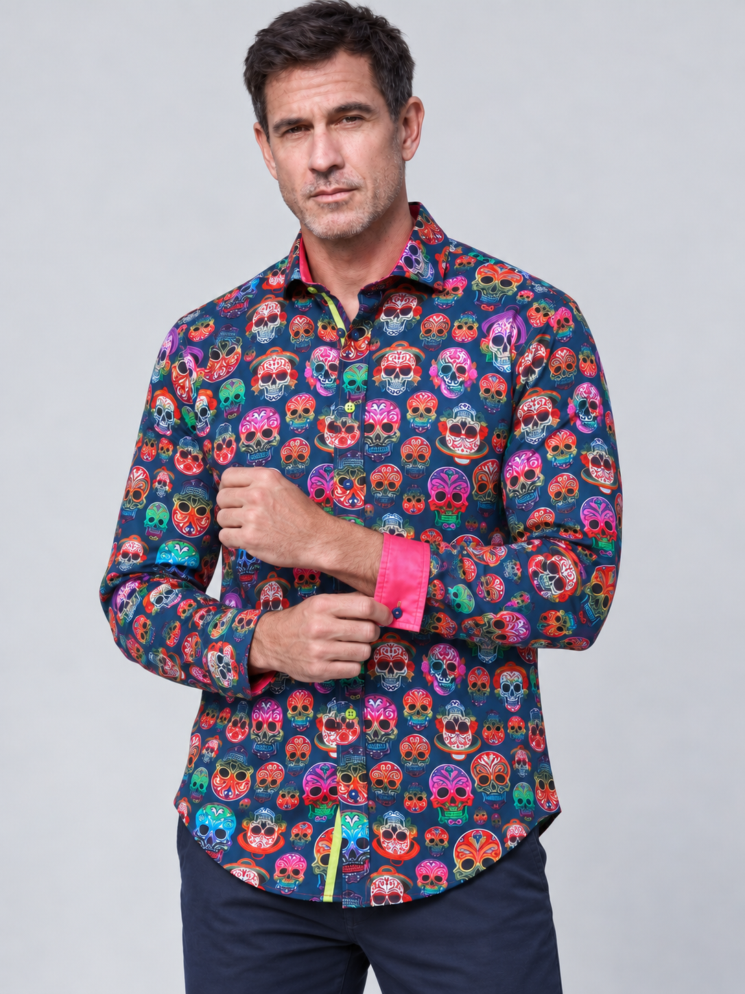 Claudio Lugli Embroidery Skulls Shirt in Navy CP8107