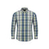 Plaid shirt with blue, green, and white pattern on a white background